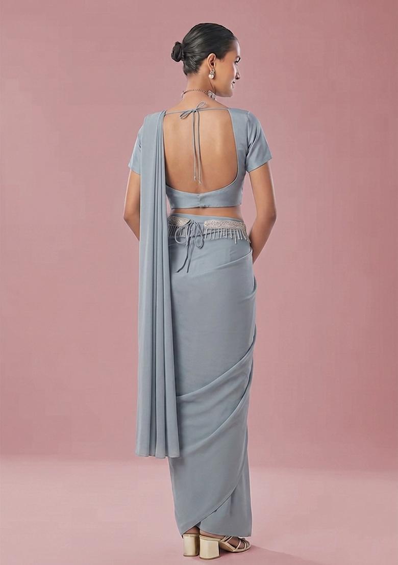 Grey Embroidered Handwork Pre Draped Saree Set - Indya