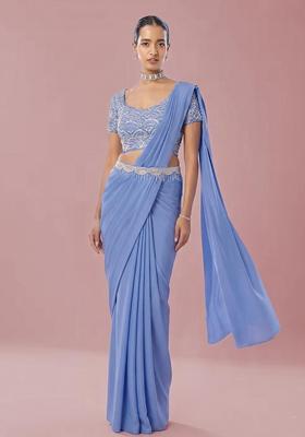 Powder Blue Embroidered Handwork Pre Draped Saree Set