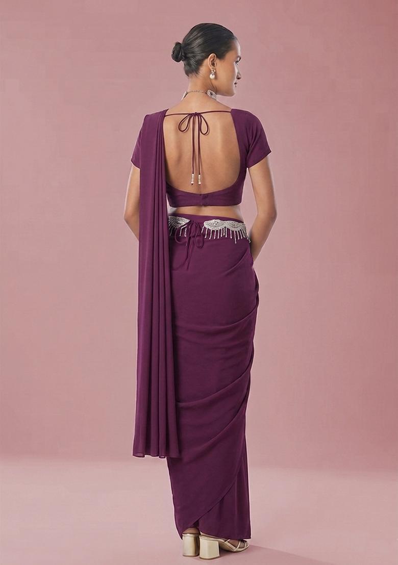 Wine Embroidered Handwork Pre Draped Saree Set - Indya