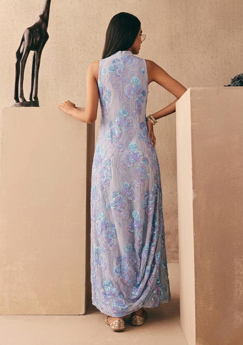Lavender Embroidered Net Anarkali with Dupatta - Indya