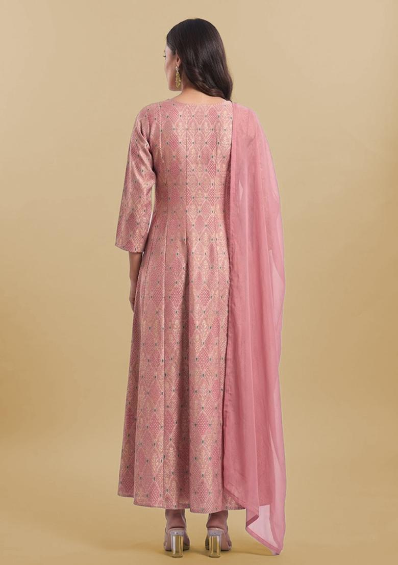 Dusty Rose Brocade Anarkali Set - Indya
