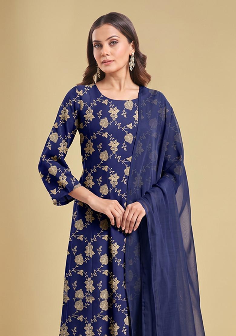 Navy Blue Brocade Anarkali Set - Indya