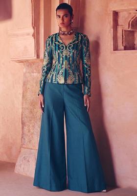 Teal Green Zari Satin Fusion Set