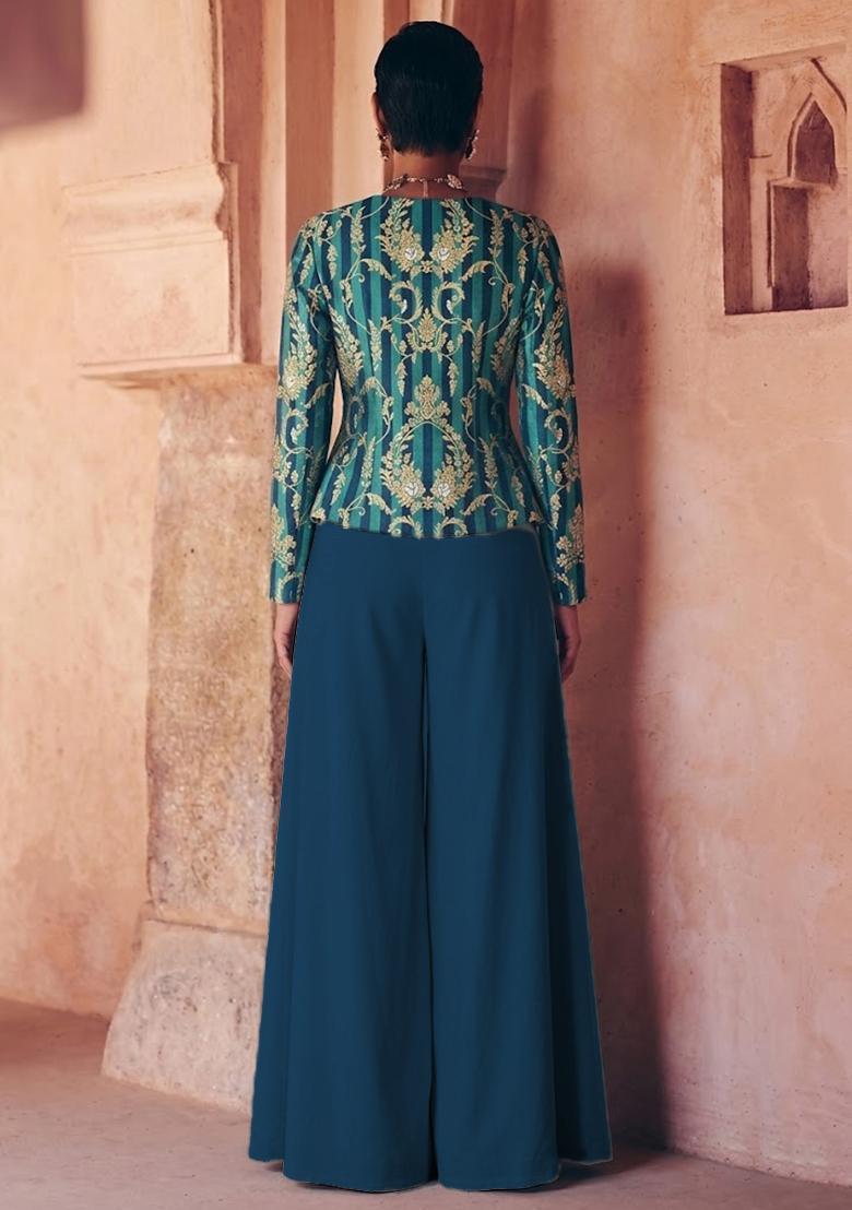 Teal Green Zari Satin Fusion Set - Indya