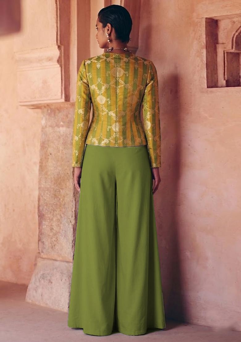 Olive Green Zari Satin Fusion Set - Indya