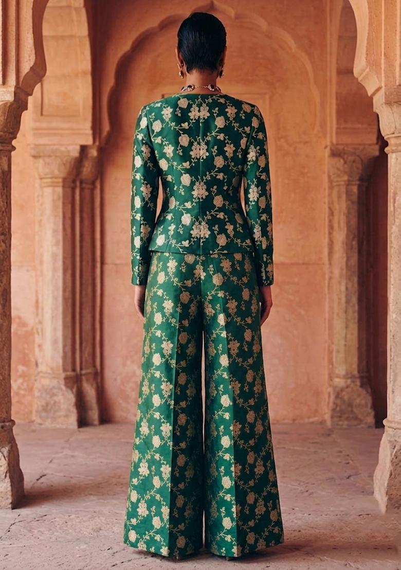 Bottle Green Brocade Fusion Set - Indya