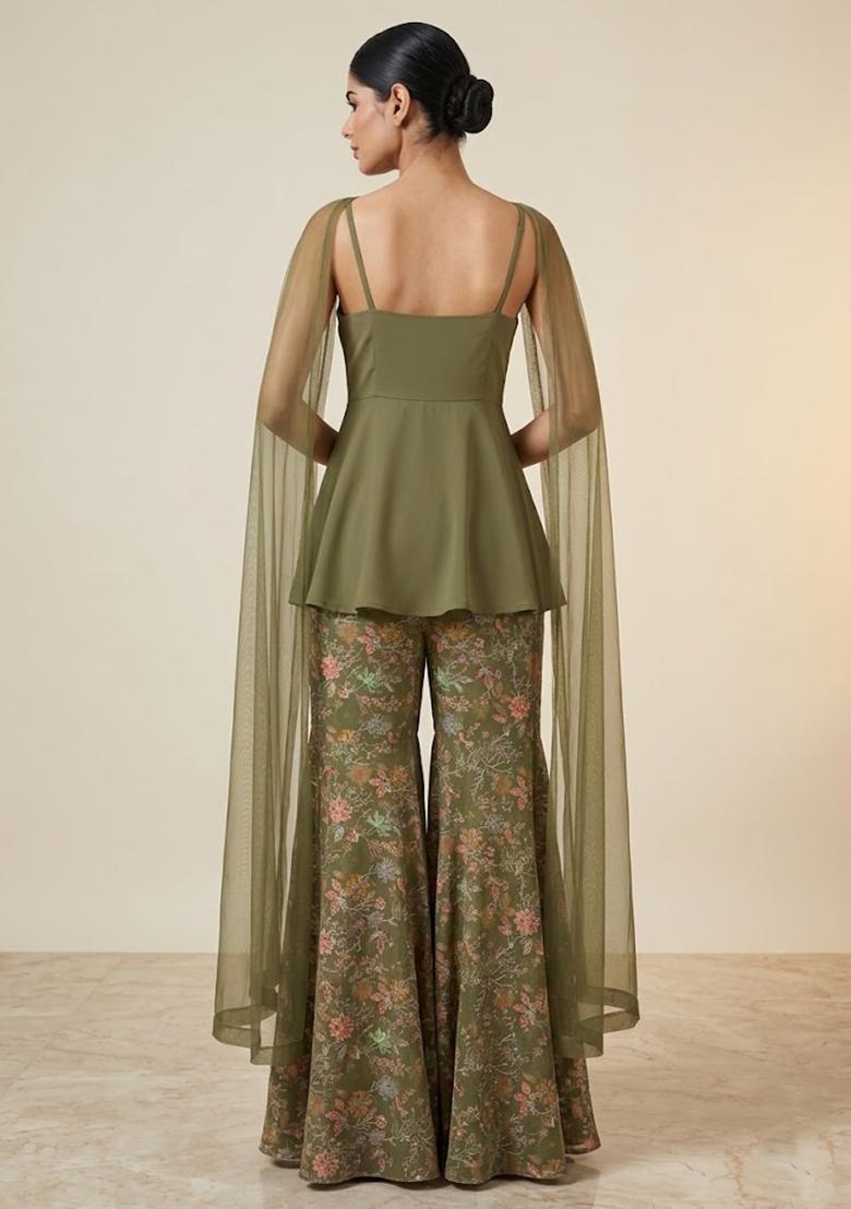 Olive Green Sequin Crepe Sharara Set - Indya