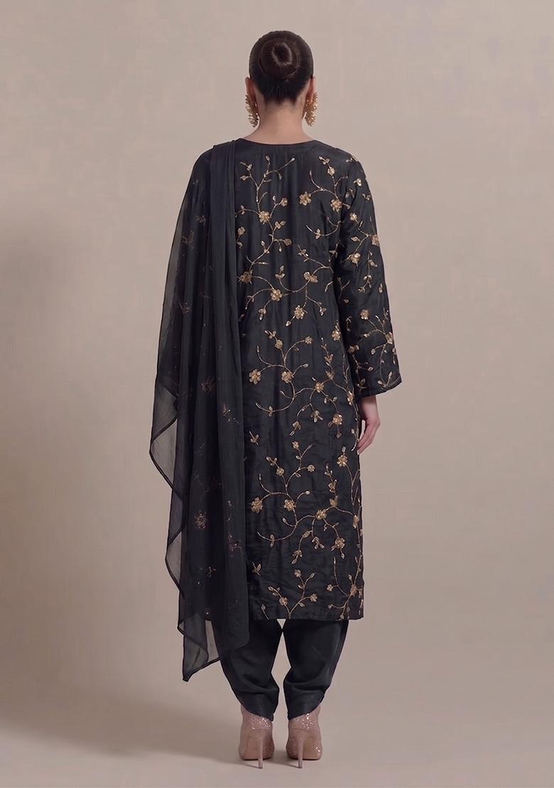 Black Embroidered Crepe Kurta Set - Indya