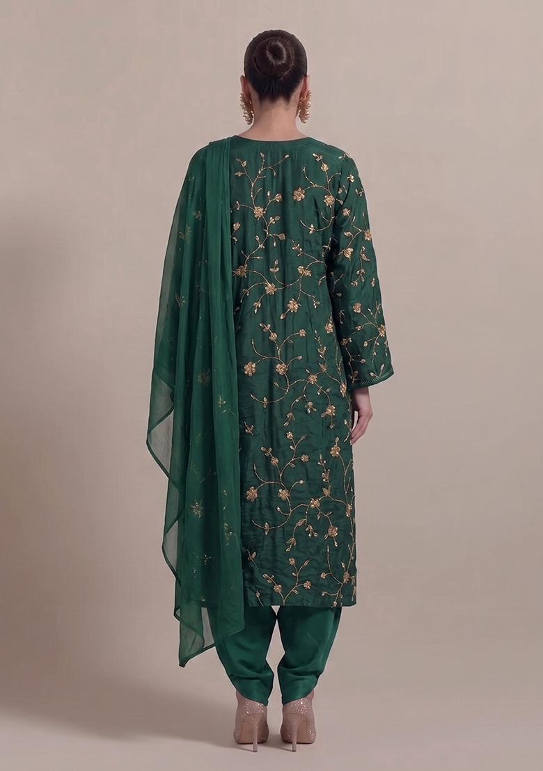 Bottle Green Embroidered Crepe Kurta Set - Indya