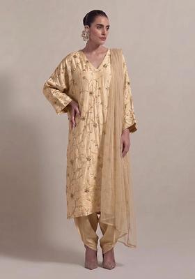 Soft Beige Embroidered Crepe Kurta Set
