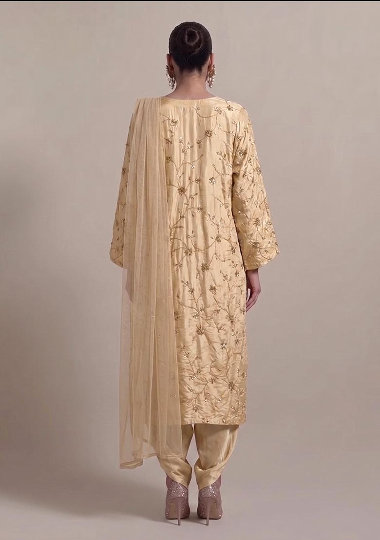 Soft Beige Embroidered Crepe Kurta Set - Indya