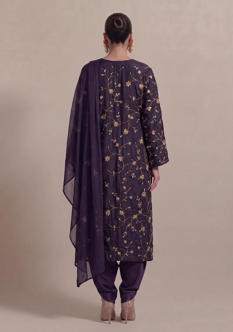 Purple Embroidered Crepe Kurta Set - Indya
