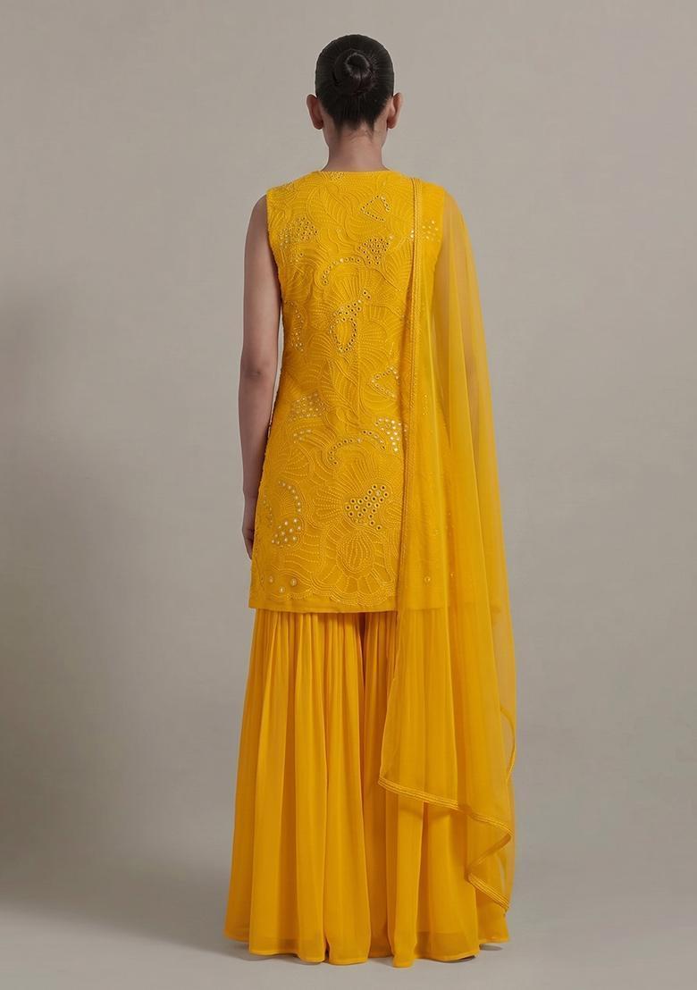 Mustard Yellow Mirror Viscose Sharara Set - Indya