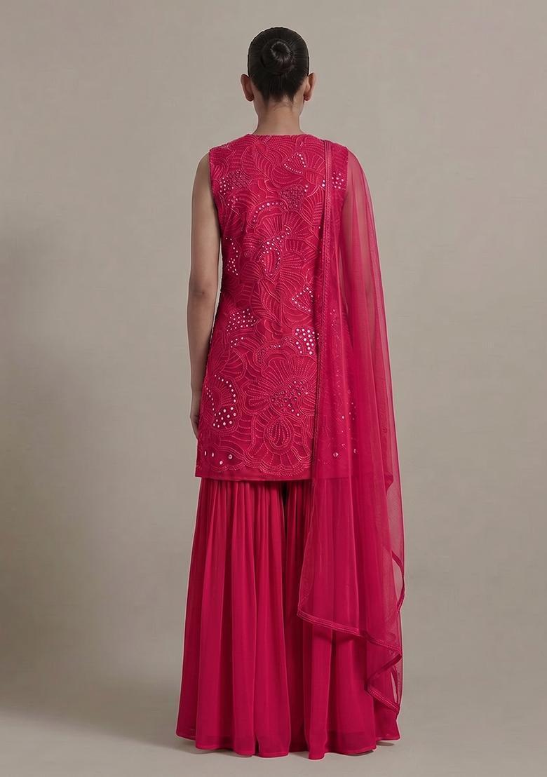 Hot Pink Mirror Viscose Sharara Set - Indya