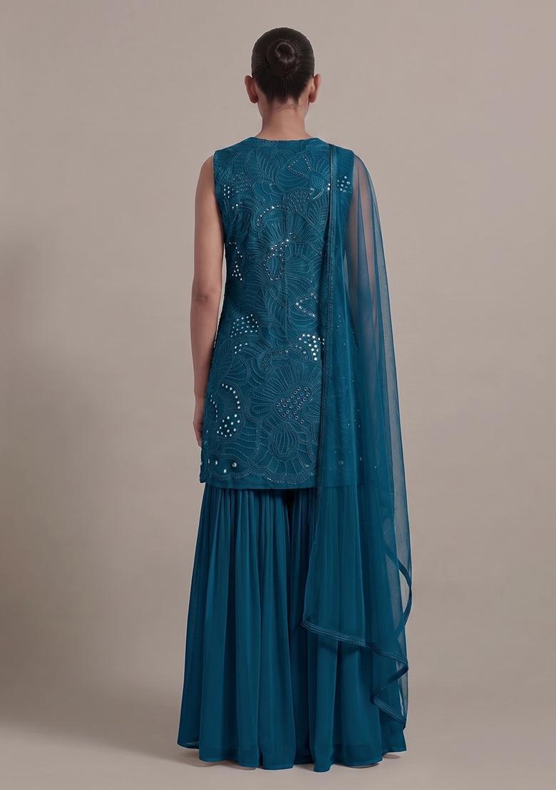 Teal Blue Mirror Viscose Sharara Set - Indya
