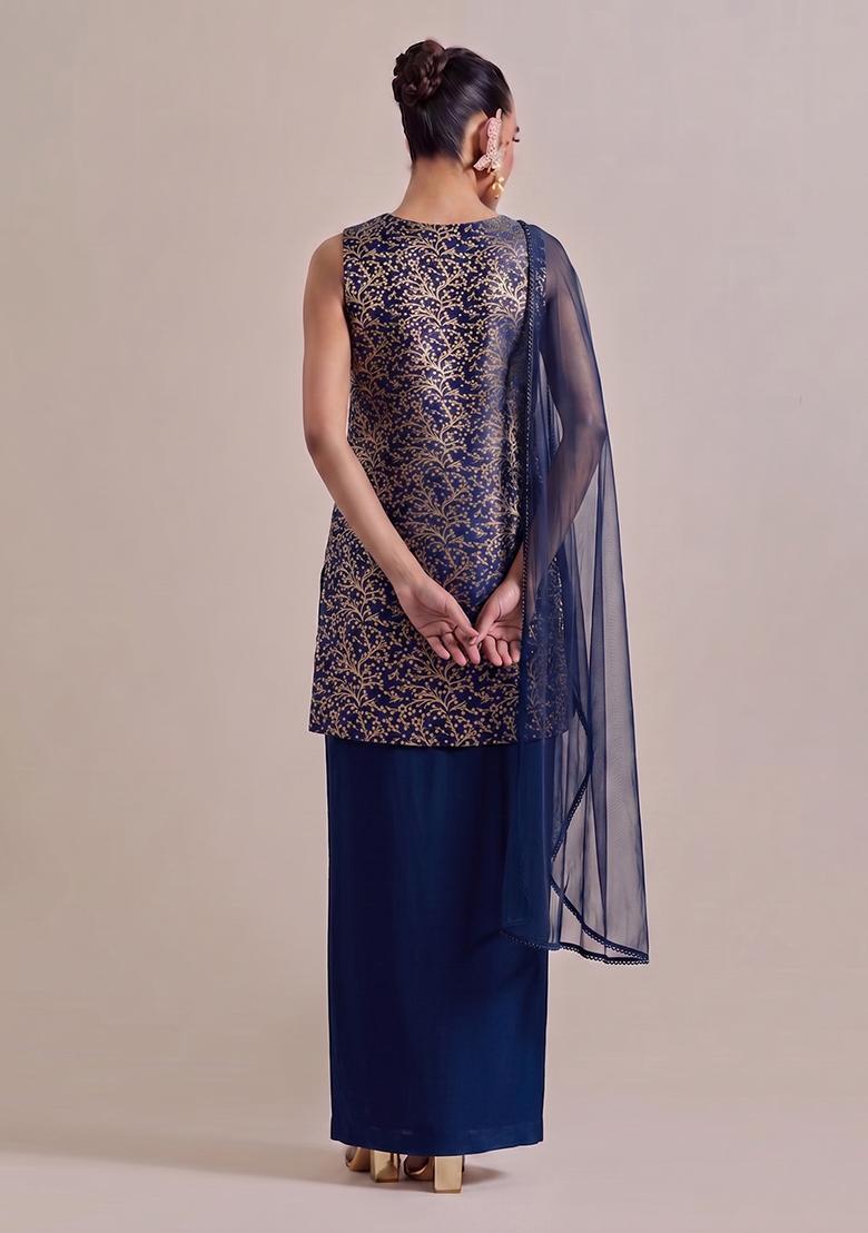 Navy Blue Brocade Fusion Set - Indya