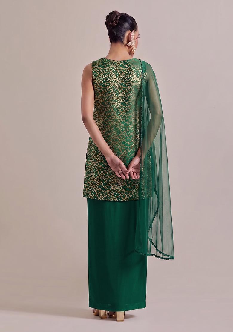 Bottle Green Brocade Fusion Set - Indya