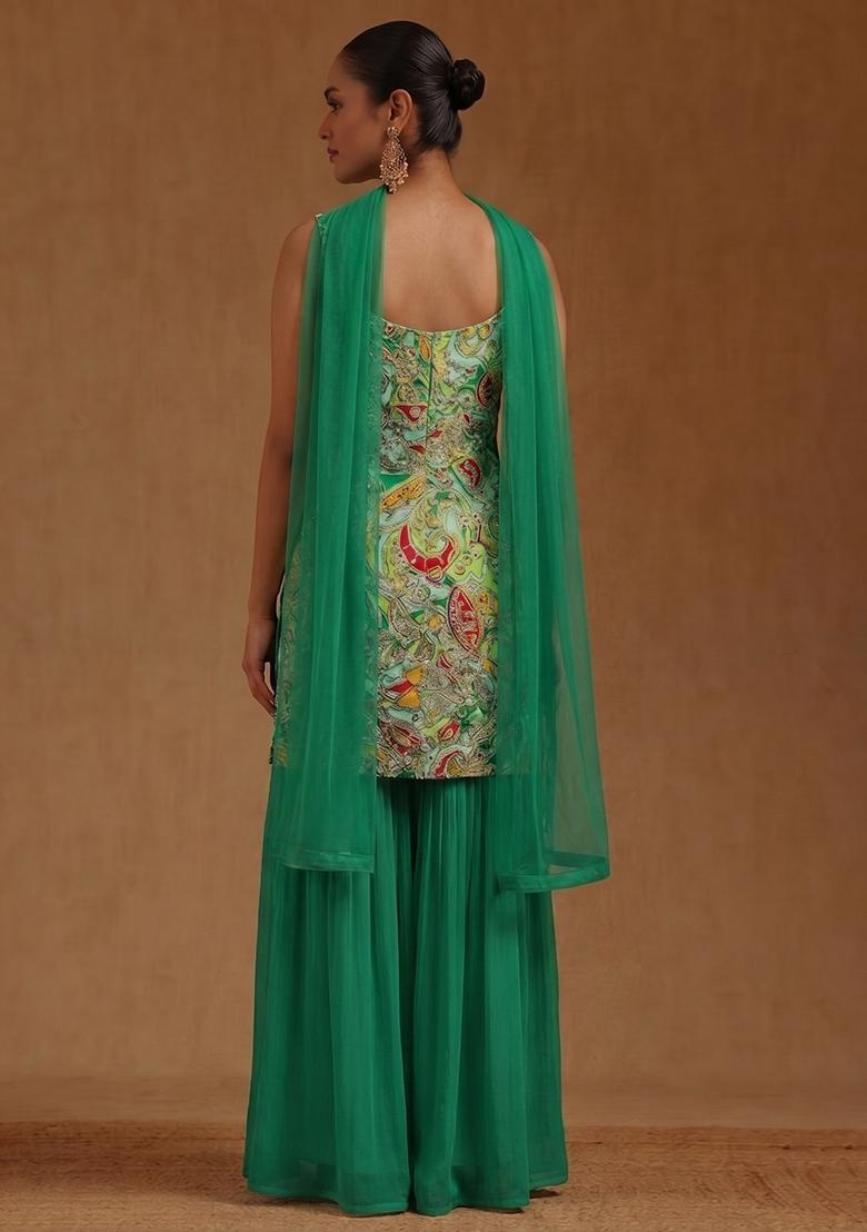 Emerald Green Printed Chanderi Sharara Set - Indya