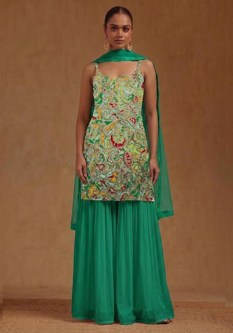 Emerald Green Printed Chanderi Sharara Set