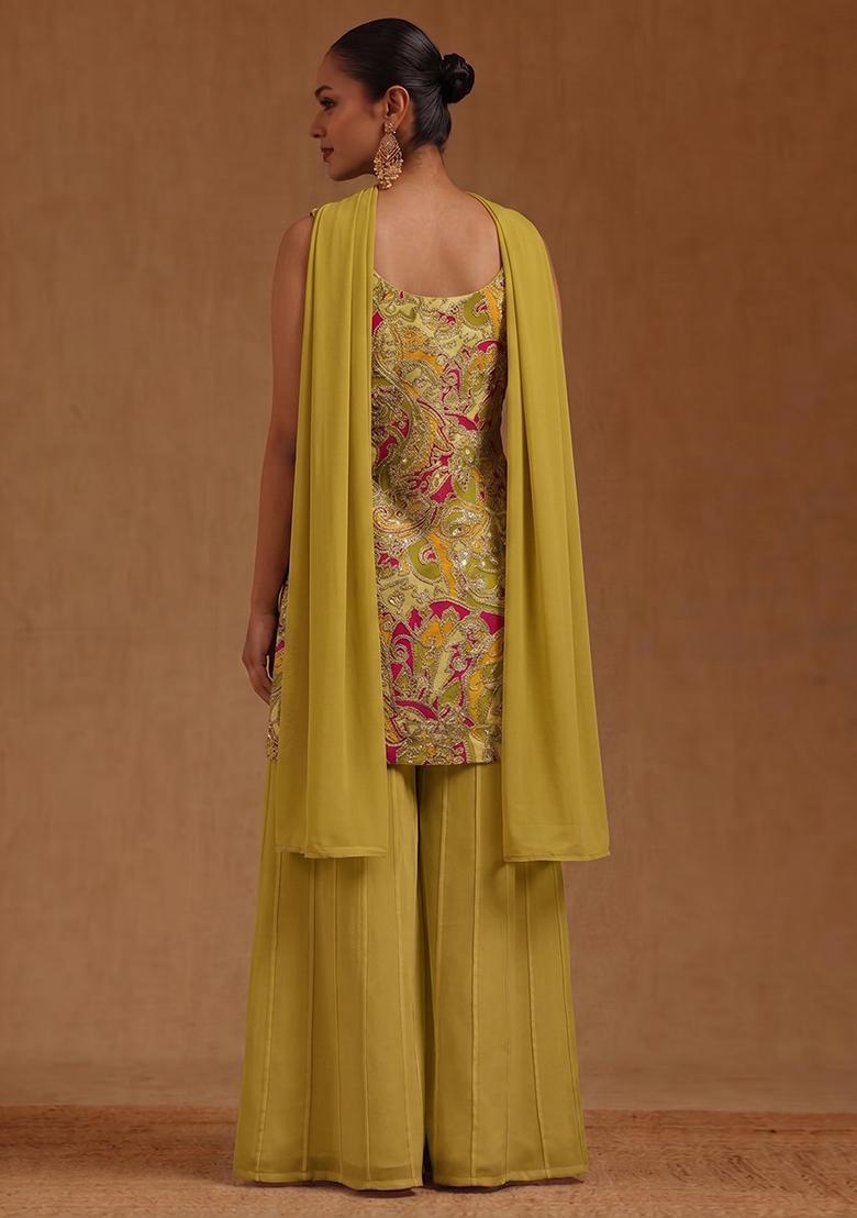 Olive Green Printed Chanderi Sharara Set - Indya