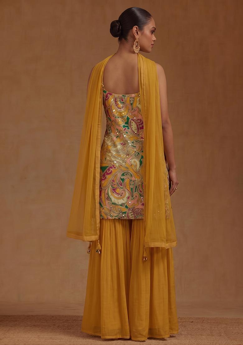 Mustard Printed Chanderi Sharara Set - Indya