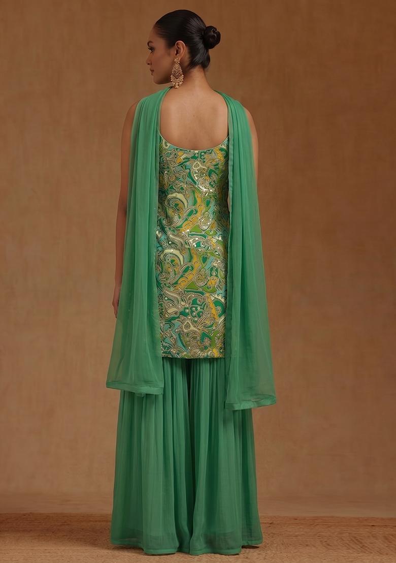 Emerald Green Printed Chanderi Sharara Set - Indya