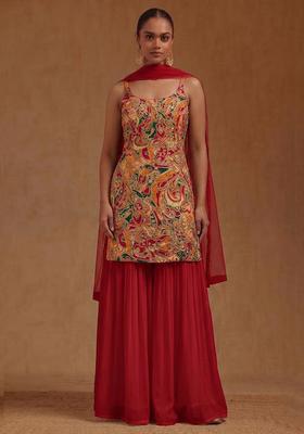 Crimson Red Printed Chanderi Sharara Set