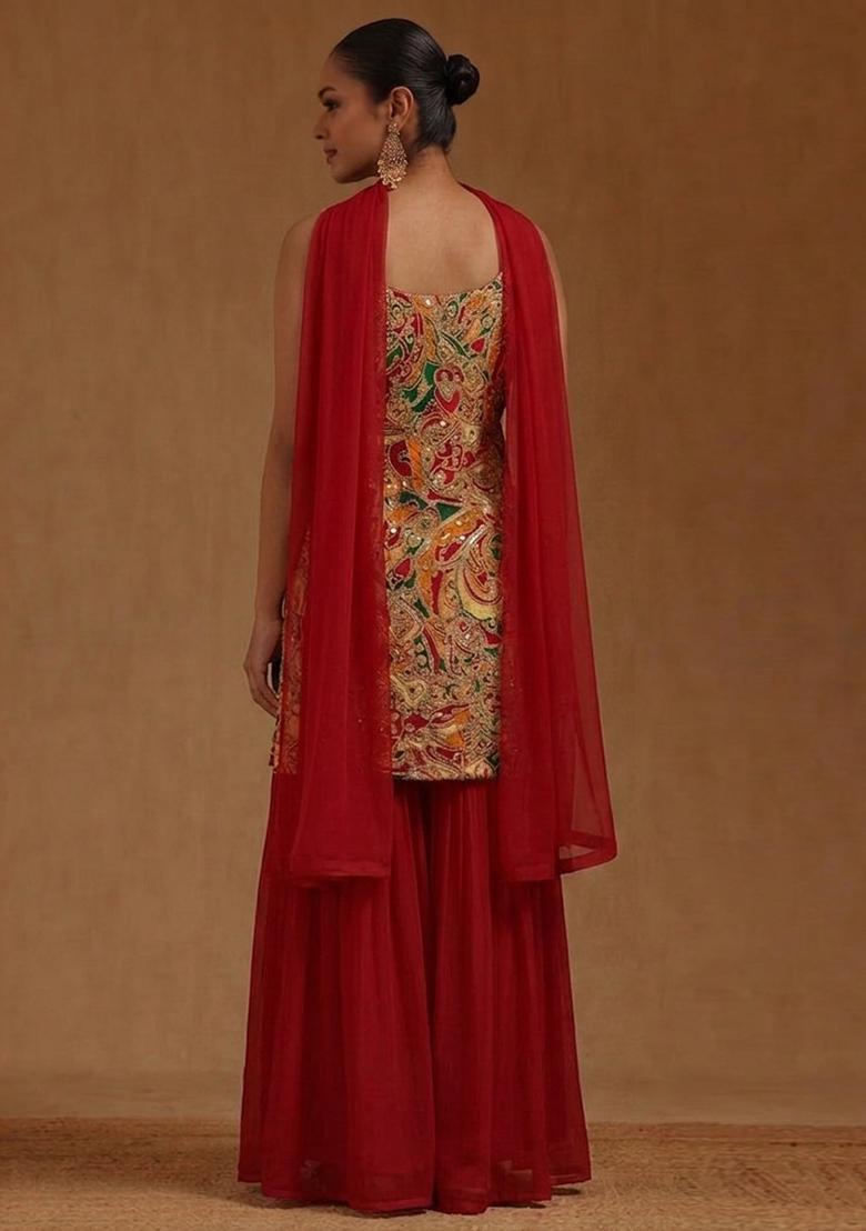 Crimson Red Printed Chanderi Sharara Set - Indya