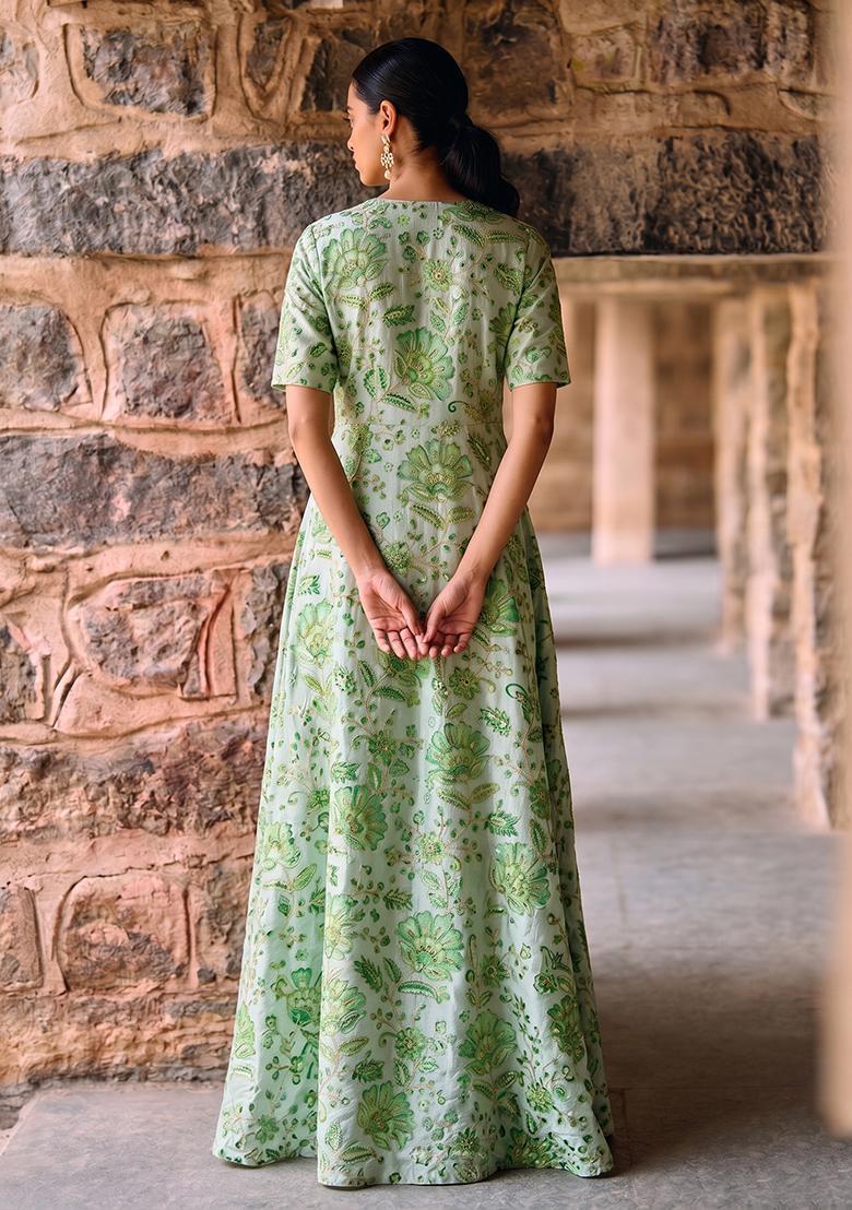 Mint Green Printed Crepe Kurta Set - Indya