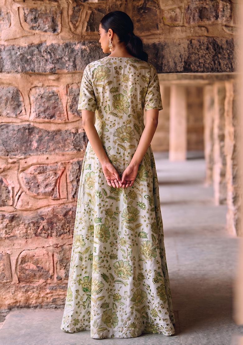 Ivory Printed Crepe Kurta Set - Indya