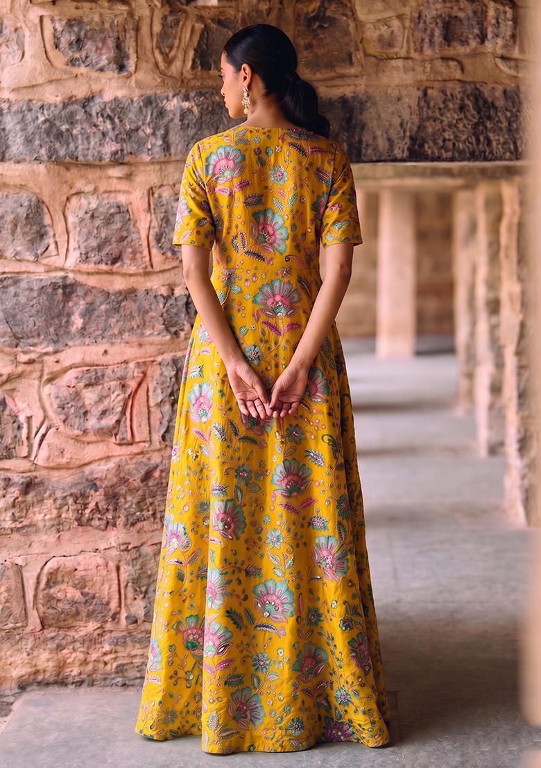 Mustard Printed Crepe Kurta Set - Indya