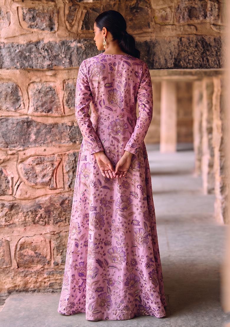 Pink Printed Crepe Kurta Set - Indya