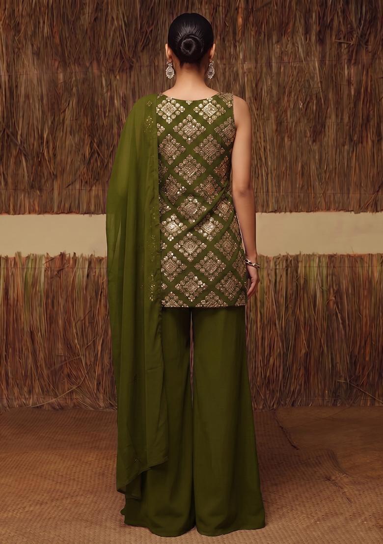 Mehendi Green Embroidered Crepe Sharara Set - Indya