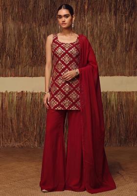 Deep Red Embroidered Crepe Sharara Set