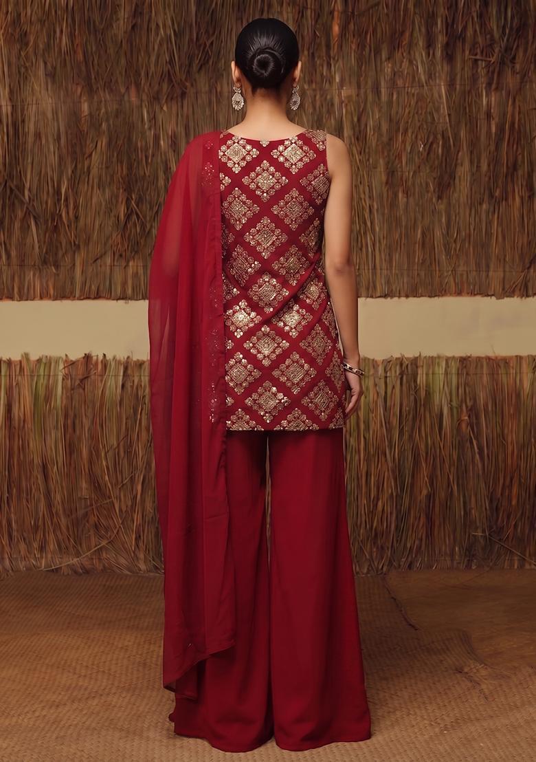 Deep Red Embroidered Crepe Sharara Set - Indya