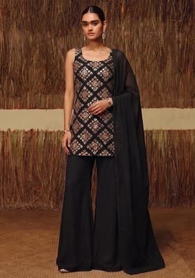 Black Embroidered Crepe Sharara Set