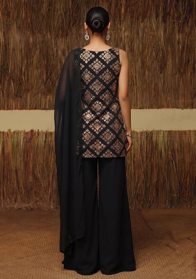 Black Embroidered Crepe Sharara Set - Indya