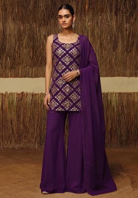 Purple Embroidered Crepe Sharara Set