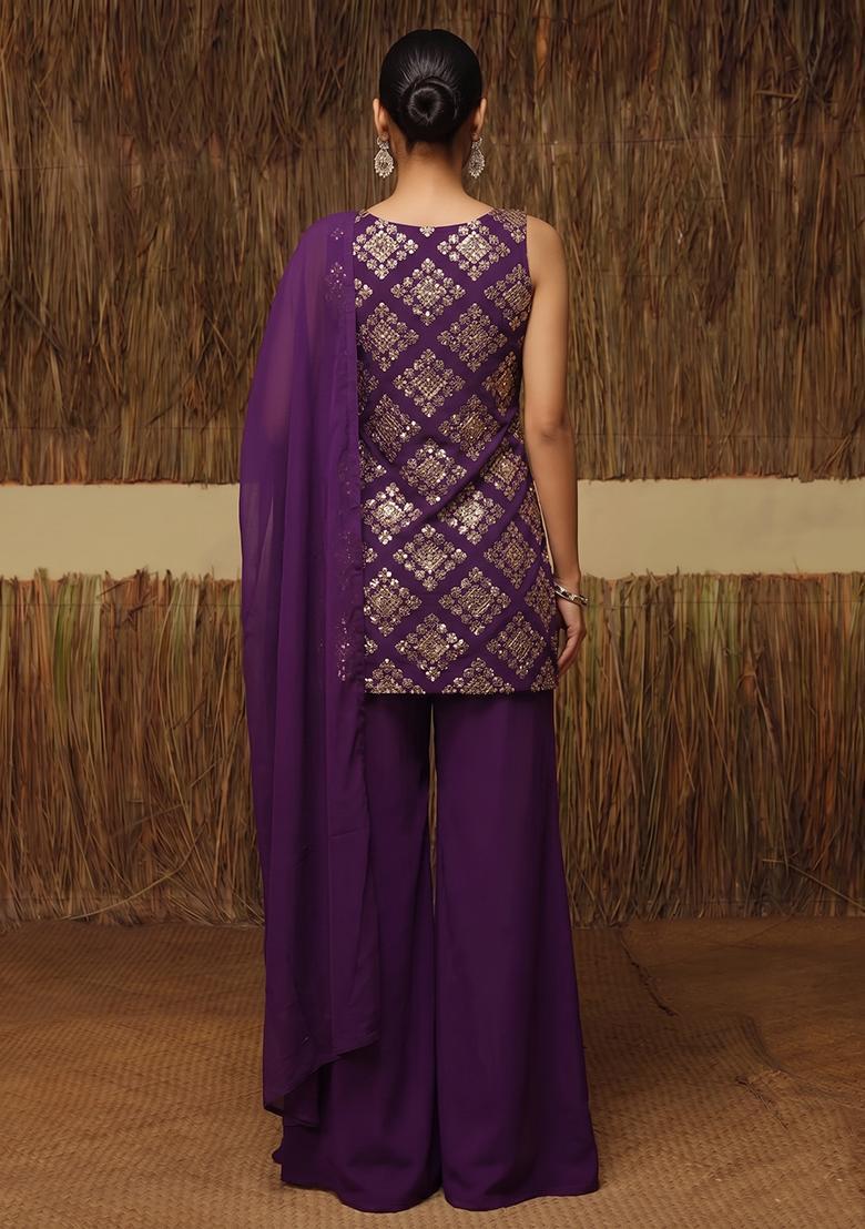 Purple Embroidered Crepe Sharara Set - Indya
