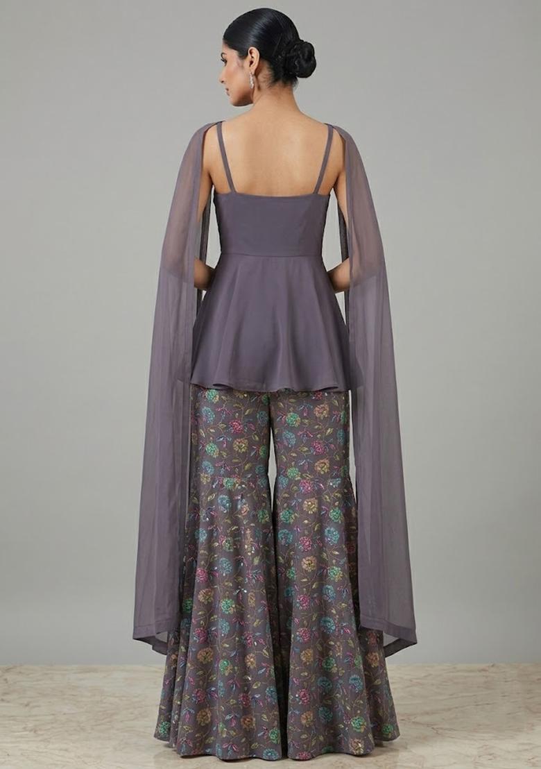 Mauve Printed Crepe Sharara Set - Indya