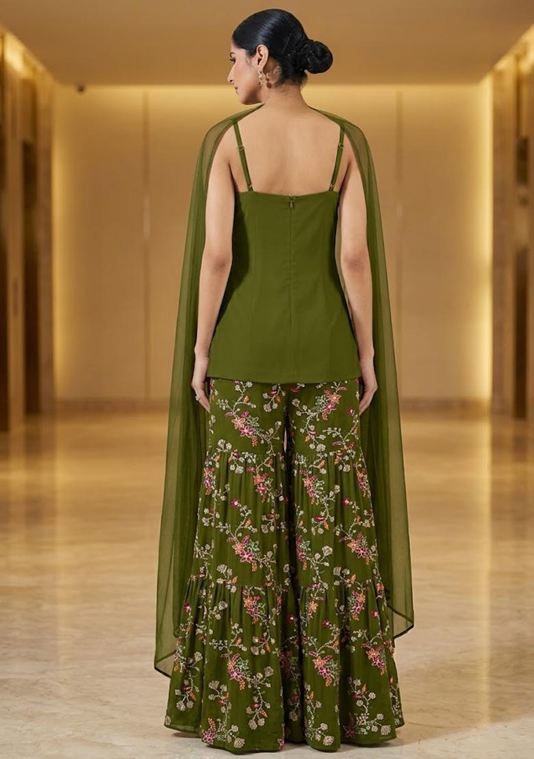 Olive Green Embroidered Crepe Sharara Set - Indya