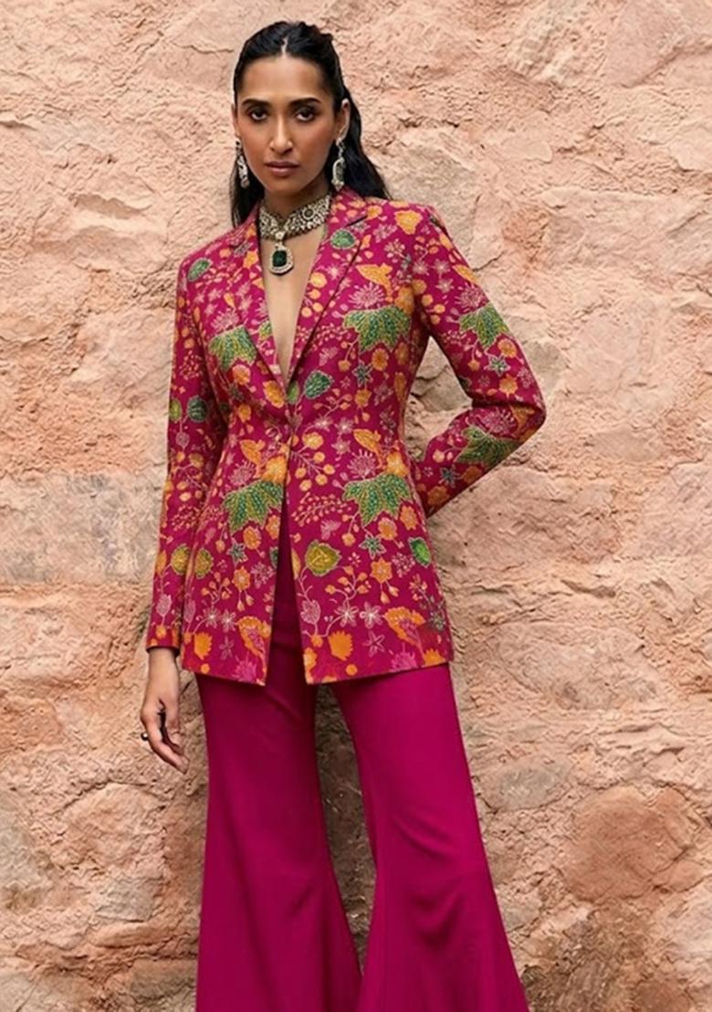 Hot Pink Embroidered Organza Fusion Set - Indya