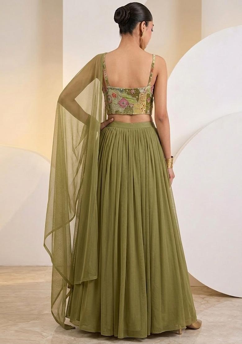 Olive Green Printed Crepe Lehenga Set - Indya