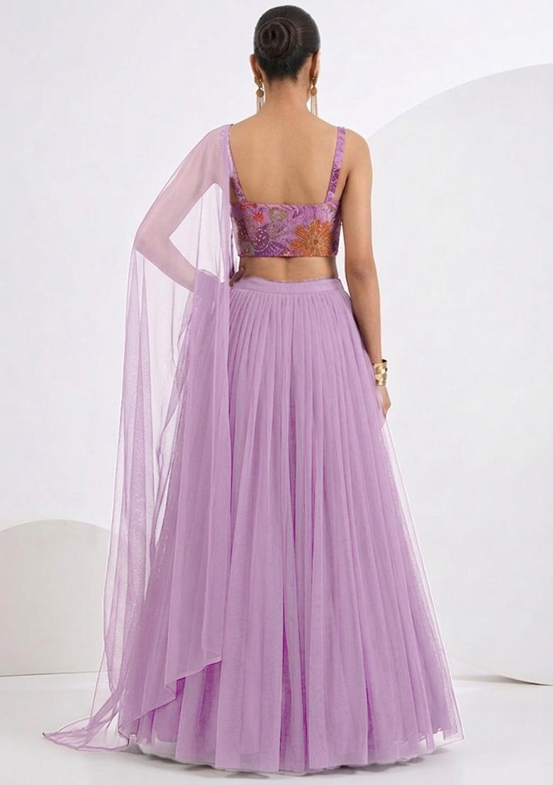 Purple Printed Crepe Lehenga Set - Indya