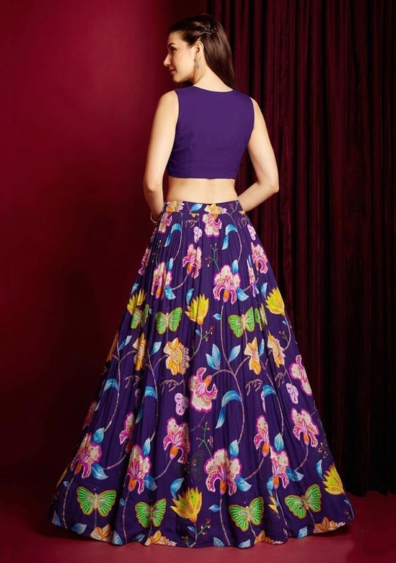 Purple Printed Chinon Lehenga Set - Indya