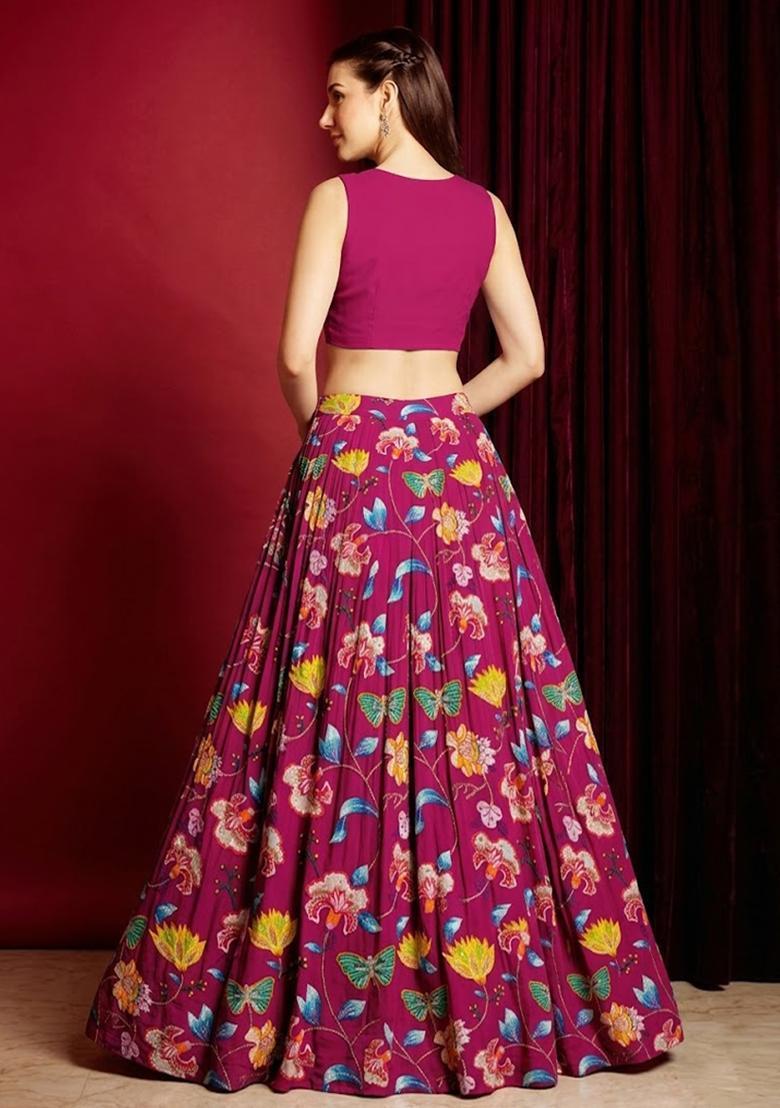 Hot Pink Printed Chinon Lehenga Set - Indya