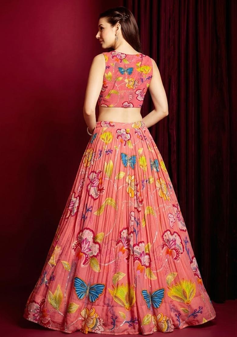 Pink Printed Chinon Lehenga Set - Indya