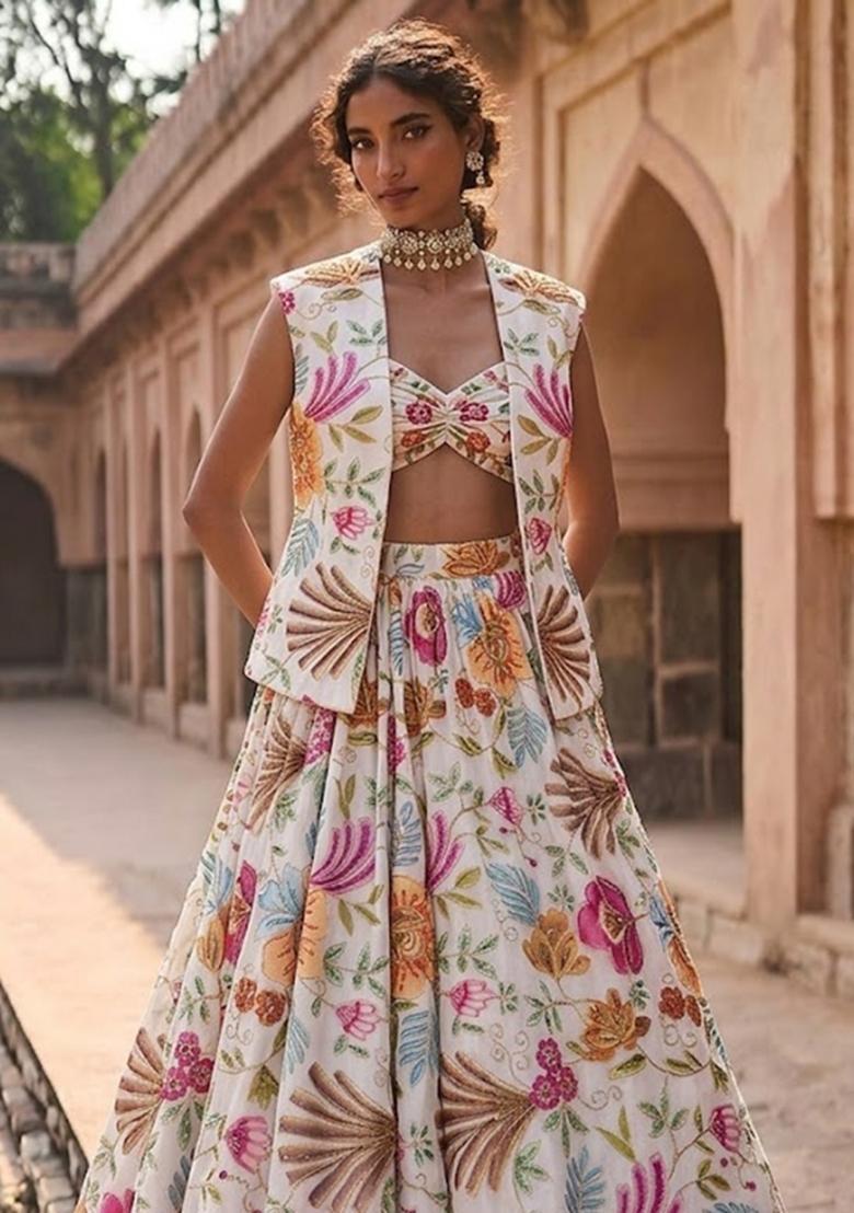 Ivory Printed Organza Lehenga Set - Indya