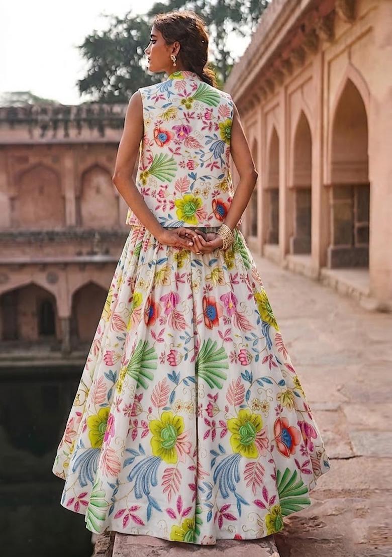 Ivory Printed Organza Lehenga Set - Indya