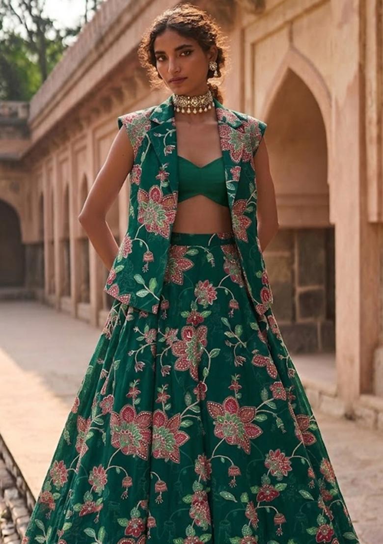 Bottle Green Printed Organza Lehenga Set - Indya